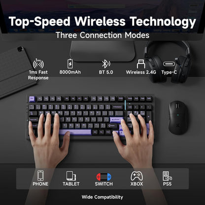 G98 PRO Wireless Mechanical Keyboard, Tri-Mode Connection Gaming Keyboard, Hot Swappable Custom Gasket Structure, Pre-lubed Linear Switches, Double Shot PBT Keycaps RGB LED Backlit Purple&Black