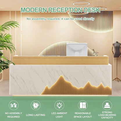 Reception Desk Modern Front Office Desk Reception Counter Receptionist Room Tables with Lock Drawer Checkout Cashier Counter for Lobby Beauty Salon, No Assembly Required White and Wood 79inch