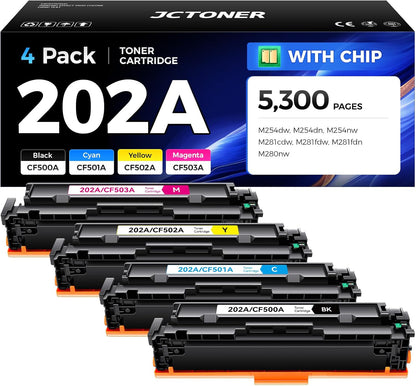 202A Toner Cartridge Set 4-Pack High Yield Replacement for HP 202A CF500A CF501A CF502A CF503A Compatible with HP Color LaserJet Pro MFP M281fdw M281cdw M281fdn M280nw M254dw M254dn M254nw Printer Ink