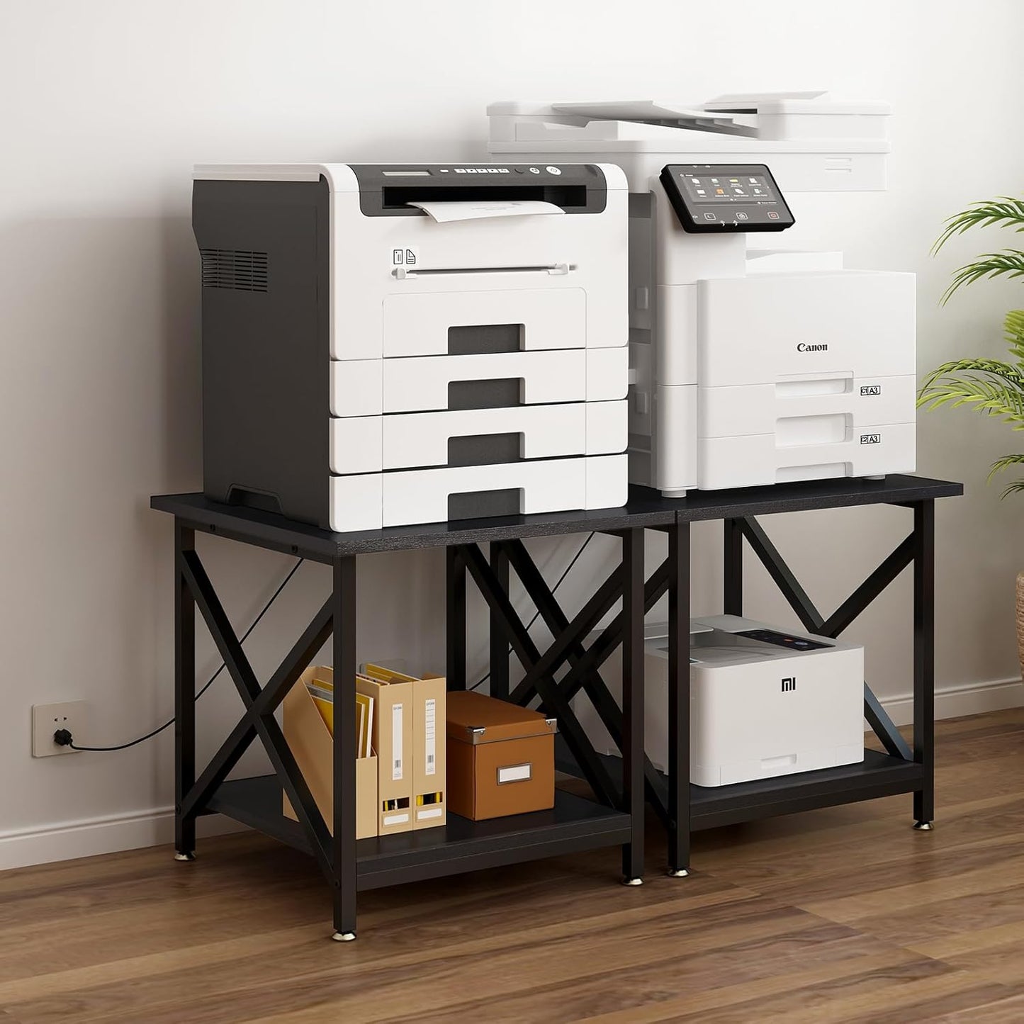 Large Printer Stand with Power Outlet, with Storage Shelf, 2 Tier Rolling Printer Cart with Industrial Wheels, 23.6 x 23.6 Inches Printer Table for Home Office,Black