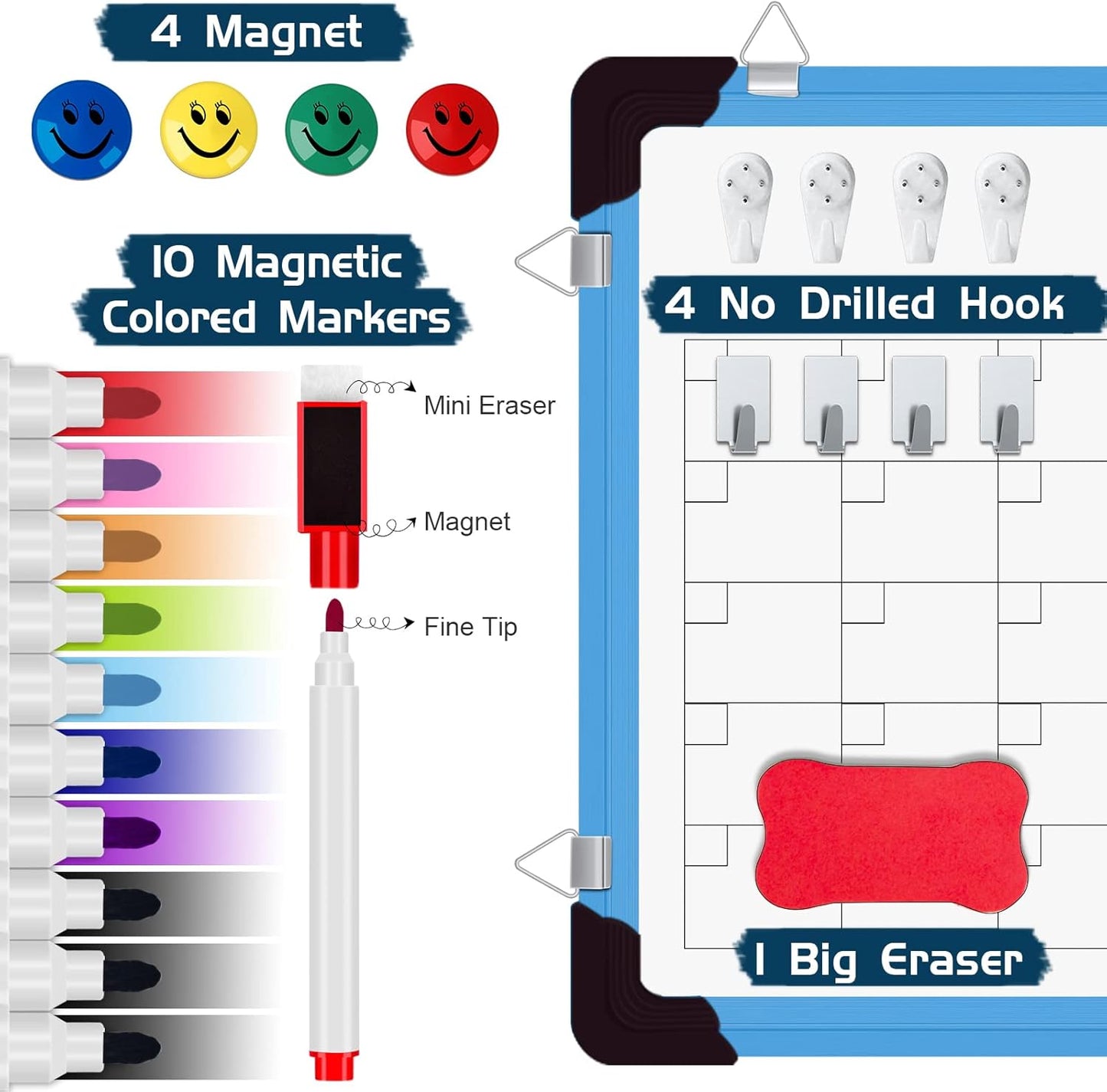 Dry Erase Calendar Whiteboard, Magnetic White Board Calendar Dry Erase Board, 16" X 12" Monthly Calendar Board Small Wall Hanging Planner Memo Whiteboard for Home, School, Office, Kitchen (Blue)