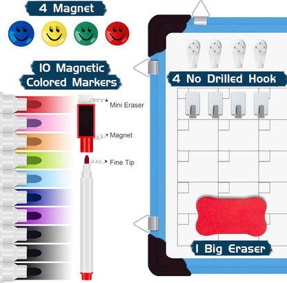 Dry Erase Calendar Whiteboard, Magnetic White Board Calendar Dry Erase Board, 16" X 12" Monthly Calendar Board Small Wall Hanging Planner Memo Whiteboard for Home, School, Office, Kitchen (Blue)