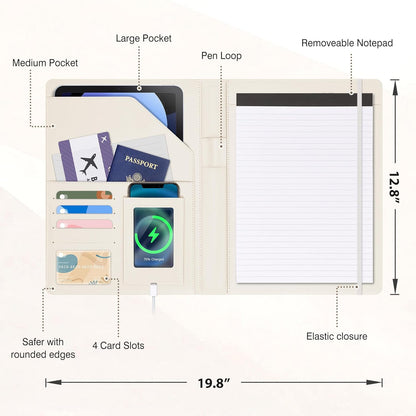 Ospelelf Foldable Clipboard Padfolio with Notepad 8.5 x 11, Faux Leather Business Clipboard Folio for Women Portfolio Organizer, Beige