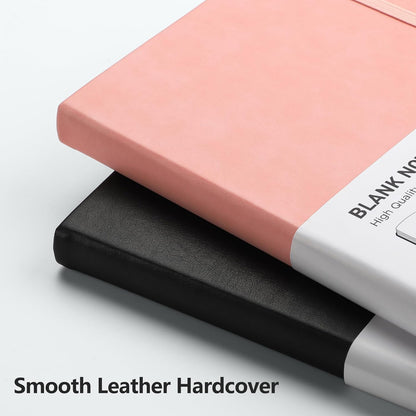 RETTACY Blank Journal Notebook, 2-Pack, 192 Pages per Pack, A5 Medium Size (5.7'' x 8.3''), Leather Hardcover, 100 GSM Thick Paper, for Sketching, Drawing, Painting (Black & Pink)