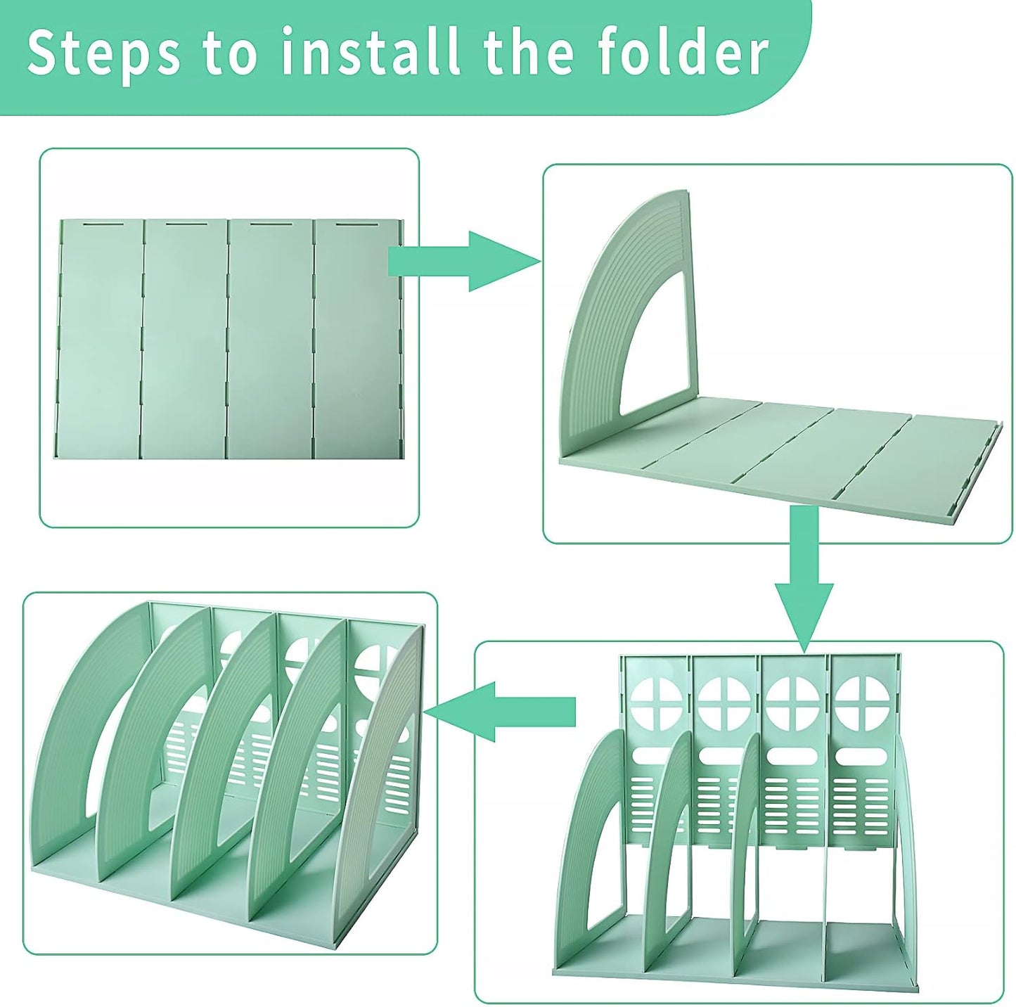SAYEEC Magazine File Holder Folder Storage Desktop 4 Compartment Standing Hollow Green Files Bookshelf Organizer Box Office Racks Displays Holds Notebooks Documents for School Working Students