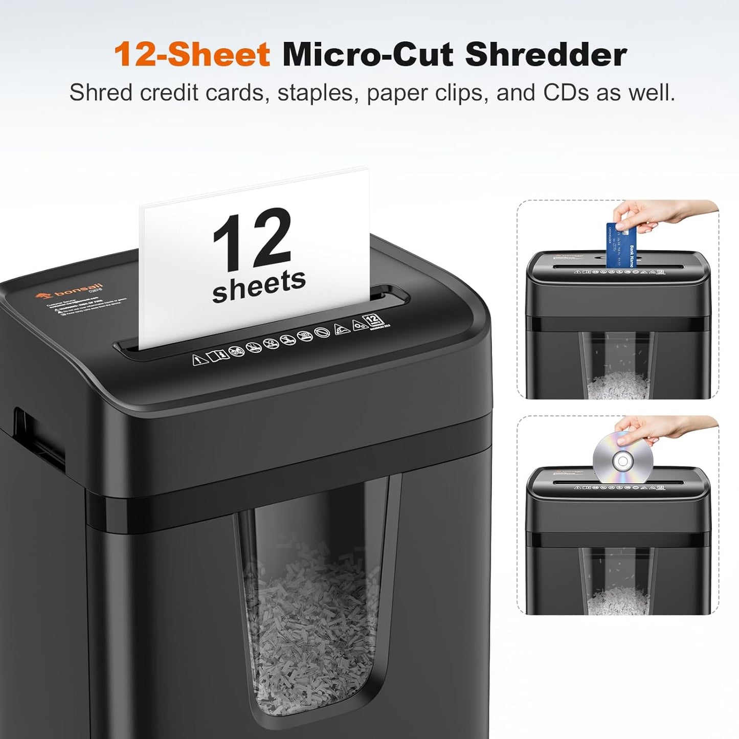 Bonsaii 12-Sheet Micro-Cut Paper Shredders for Home Office, Heavy Duty Document Shredder with 5.5 Gallon Pullout Bin for CD/Credit Card/Staple, 30 Mins Continuous Run Time, P-4 High Security, C282-B
