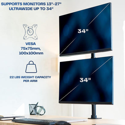 VIVO Dual Monitor Desk Mount Stand with Height Adjustment and VESA Plates for 2 LCD Ultrawide Screens up to 34 inches, Stacked Array, STAND-V002R