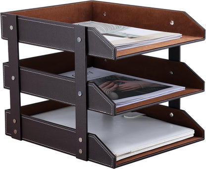 KINGFOM Letter Tray, Leather Paper Organizer Tray, Wooden Desk File Holder, Desktop File, Stackable Magazine Holder, Mail Sorter, Great for Home or Office - 3 Level Brown