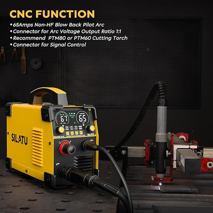 SILATU Plasma Cutter, 65Amps Non-HF Blowback Pilot Arc CNC Plasma Cutter Machine, 110/220V Dual Voltage Large LED Display Air Sensor Technology, 3/5'' Clean Cut 1'' Max Cut, PT/2T/4T for Beginners DIY