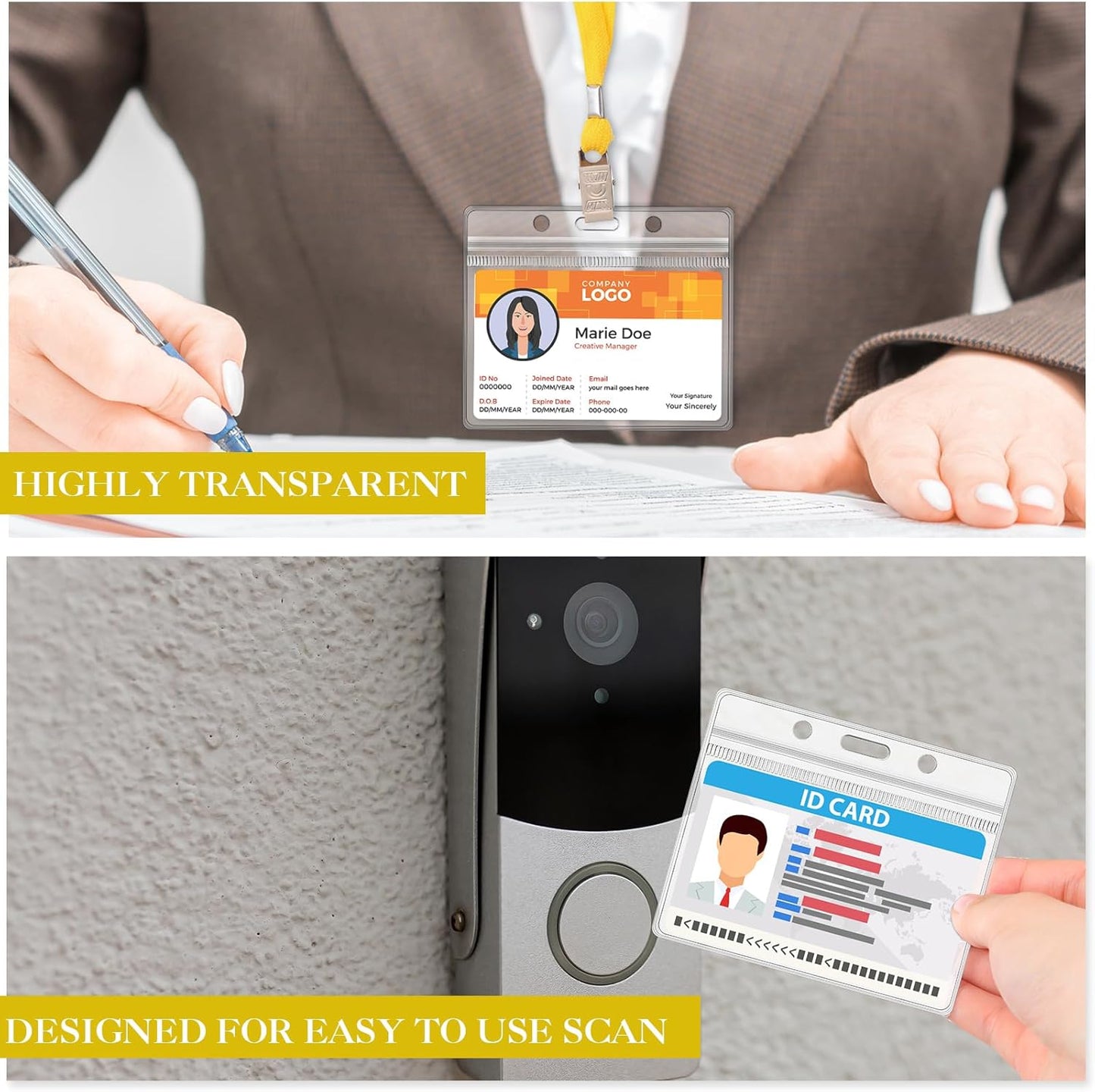 Marspark 100 Sets Clear Name Tags with Lanyard, Lanyards for ID Badges Reusable Strap with ID Holder Plastic Name Badges for Adults Business School Church Conference (Yellow)