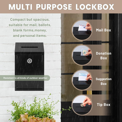 Metal Donation Money Cash Drop Box with Lock and Slot Suggestion Box Wall Mounted Ballot Container Mailbox Delivery for Home Office (Black, 10.24″ x 5.71″ x 2.95″)