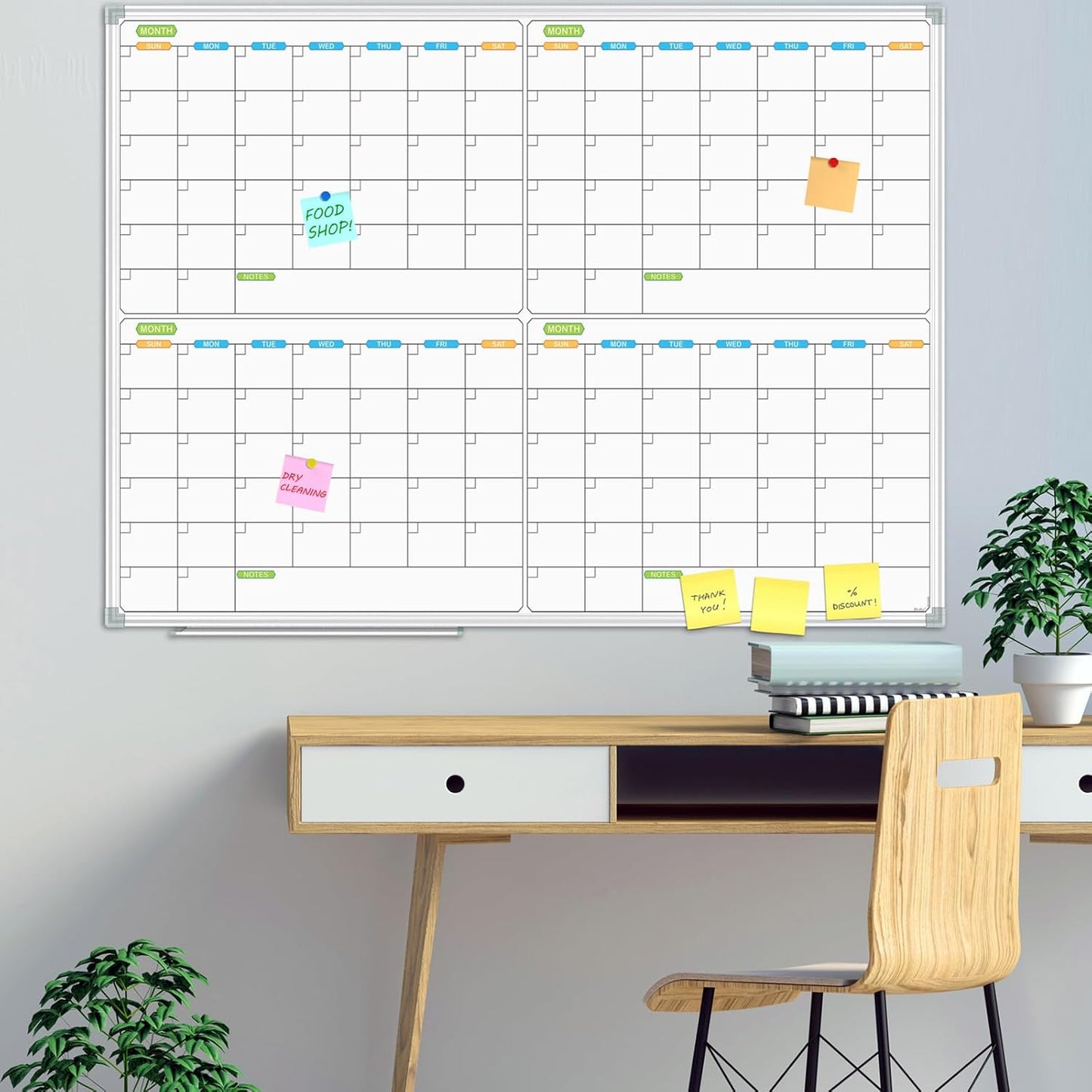 JILoffice Magnetic Dry Erase Calendar Whiteboard, 4 Month White Board Planner 48 X 36 Inch, Silver Aluminum Frame Wall Mounted Board for Office Home and School