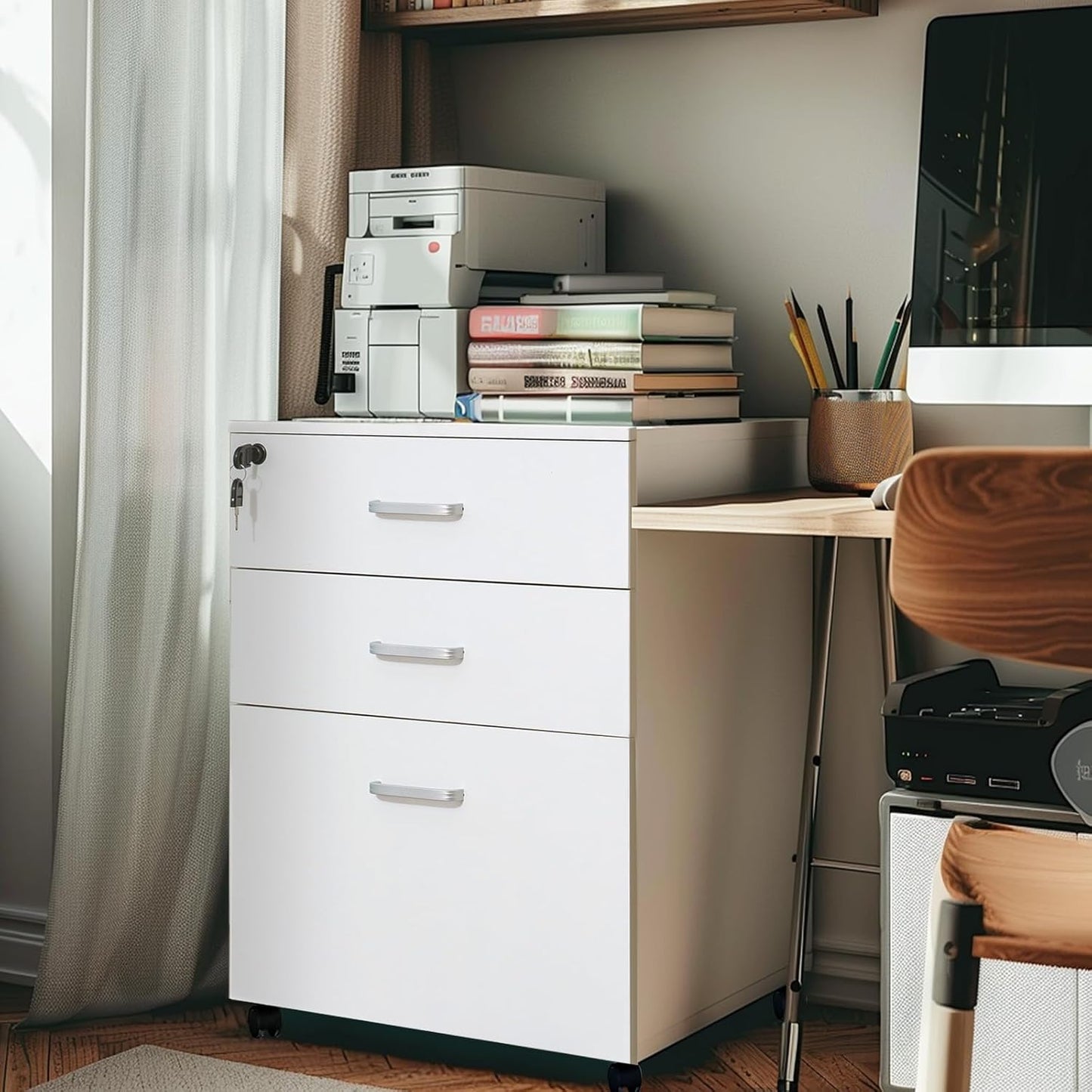QDSSDECO 3 Drawer Mobile File Cabinet, Rolling Vertical Filing Cabinet fits A4, Legal Paper and Letter Paper for Home Office, White with Lock