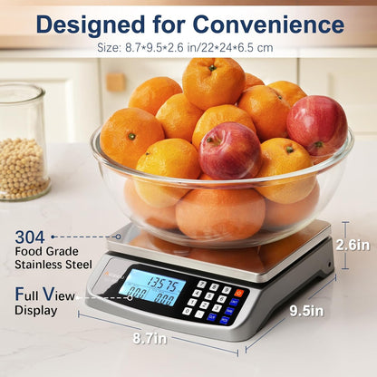 110lb Food Scale, Commercial Kitchen Scale with Price Computing, Plug-in Usable, 0.05oz/1g, 304 Stainless Steel, for Cooking, Vegetables, Farm, Industry, Counting. LC300 Grey