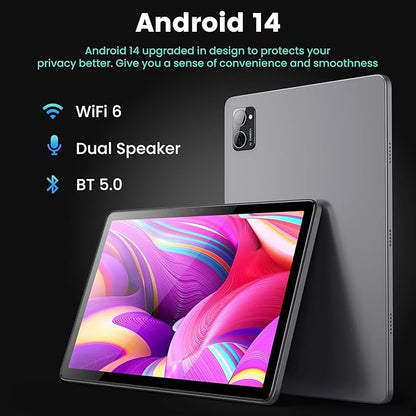 Azeyou Tablet 10.1 inch, Android 14 Tablet, 8GB 128G Computer Tablets, Octa Core Processor 6000mAh Battery, 1280x800 IPS Touch Screen, 5+8MP Dual Camera, Bluetooth,GMS, WiFi (Metal Gray)