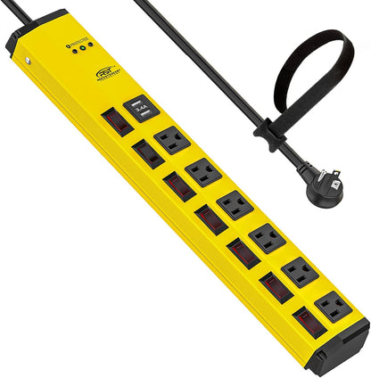 CRST 6-Outlet Heavy Duty Power Strip with USB and Individual Switches, 1200 Joules Metal Mountable Surge Protector Power Strip 15A Circuit Breaker, 6FT Extension Cord for Garage, Workshop, Home