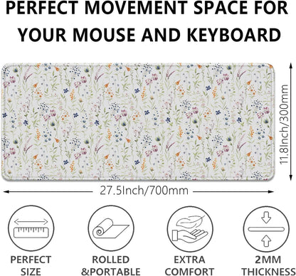 Wildflowers Flowers Mouse Pad,Large White Floral Mousepad Desk Pad with Stitched Edges,Non-Slip Waterproof Rubber Base Mouse Mat for Office Computer Keyboard Laptop Home(27.5x11.8 in)