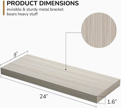 Floating Shelves - 24 Inch Rustic Wooden Wall Shelves - Extra Deeper & Thicker Wall Mounted Storage Shelf for Living Room, Kitchen, Farmhouse - 24" W x 9" D x 1.6"H - Rustic Grey, 2 Pack