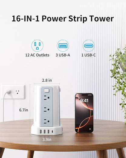 Power Strip Surge Protector, 10 Ft Extension Cord with 12 AC Multiple Outlets 4 USB (1 USB C), SMALLRT Power Tower Desktop Charging Station (White, 6.5 FT)