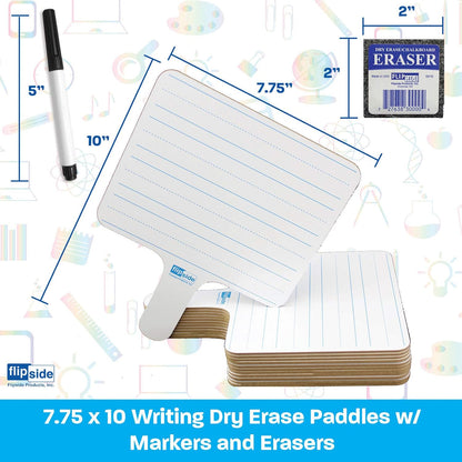 Flipside Products - 7.75" x 10" Two-Sided (Lined Side/Blank White Side) Rectangular Dry Erase Writing Answer Paddles, 12 Pack + Black Markers + Erasers