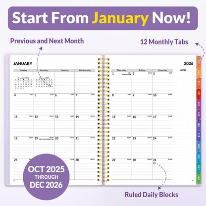 SUNEE 2026 Weekly and Monthly Planner - from January 2026 - December 2026, 8.5"x11" Daily Agenda Planner with Monthly Tab, Flexible Cover, Note Pages, Pockets, Bookmark, Spiral Binding, Purple