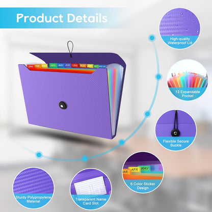 Accordion File Organizer, Expanding File Folder for Sorting Documents and Papers, 13 Pockets File Storage Organizer for Home, Travel and Office Use (Purple)