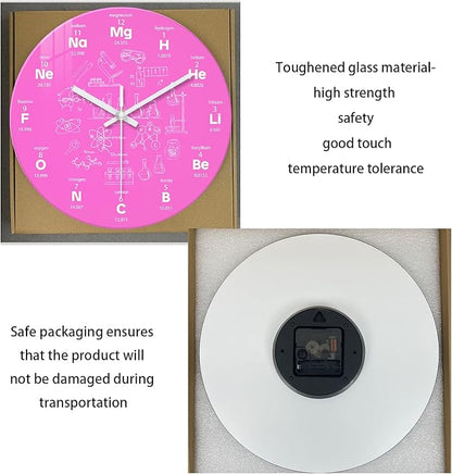 XNM Pink Chemical Clock for Girls Bedroom Wall Clocks Battery Operated Round Glass Analog Science 12 Inch Silent Wall Clock