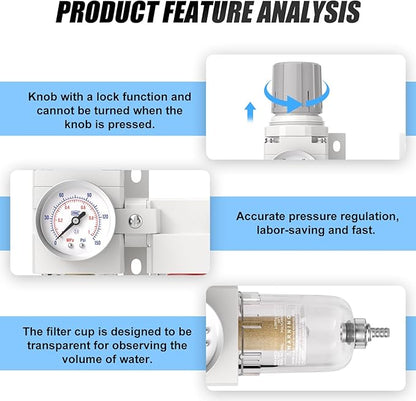 1/4" NPT 3 Stage Aluminium Air Drying System with 150PSI Gauge, Coalescing Filter, Particulate Filter, Desiccant Dryer and Air Regulator, Manual Drain For Plasma Cutter and Paint Spray
