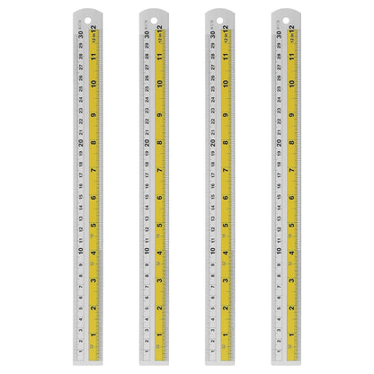 HARFINGTON 4pcs Metal Straight Ruler 30cm Metric SAE Aluminum Alloy Measuring Rulers Scale Tool with Hole for Measure Study Reading Classroom Office, Yellow