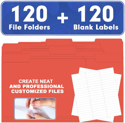 File Folder, HERKKA 120 Pack 1/3 Cut Tab File Folders, File Folders Great for Organizing and Filing, Letter Size, Red