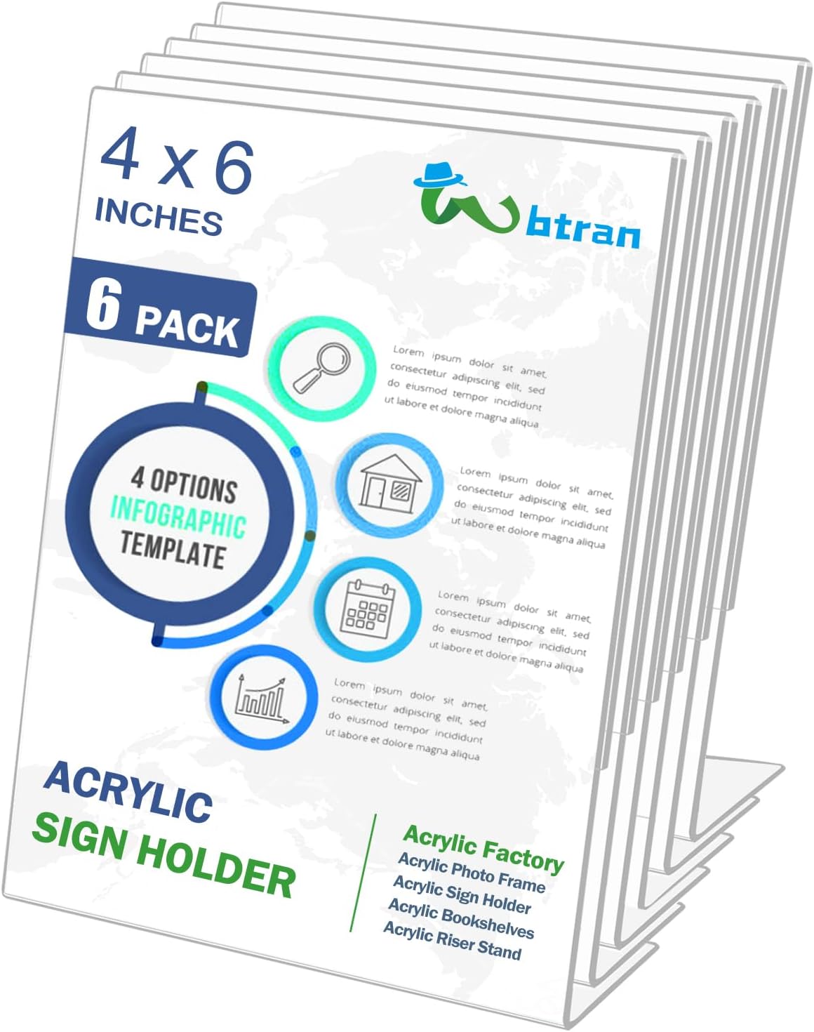 Slanted Back Acrylic Sign Holder 4 x 6, Clear Tabletop Stands for Display, Plastic Paper Sign Holders for Office, Home, Restaurant (6 Pack)