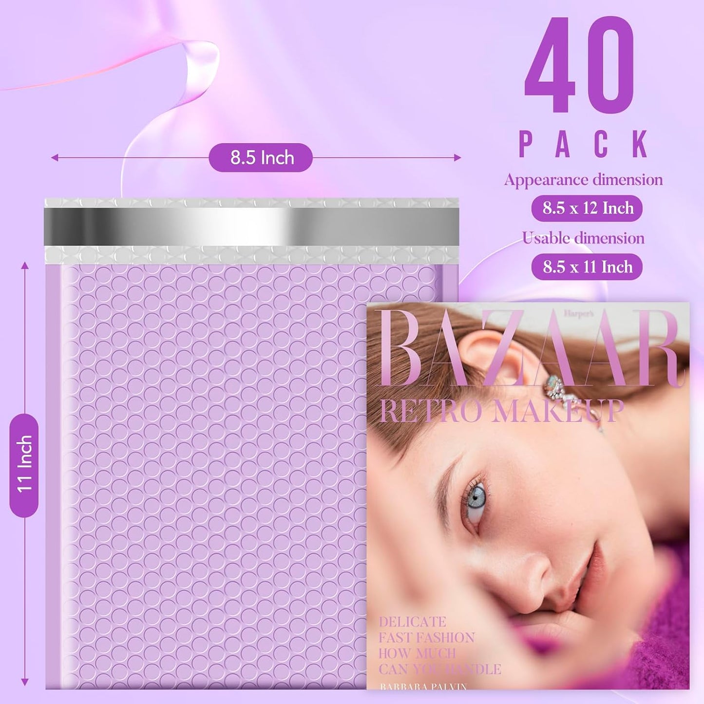 Fuxury Bubble Mailers 8.5x12" 40 Pack Large Bubble Envelopes Usable 8.5x11" Thick Cushioning Mailer for Mailing Books Clothes Mothers Day Gifts Mailers Lavender #2