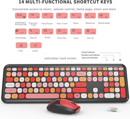 Wireless Keyboard and Mouse Combo, Colorful Ergonomic Full Size Retro Low-Noise Keyboard with Cute keycaps, Compatible with Windows, PC, Perfer for Home and Office Keyboards (Black)