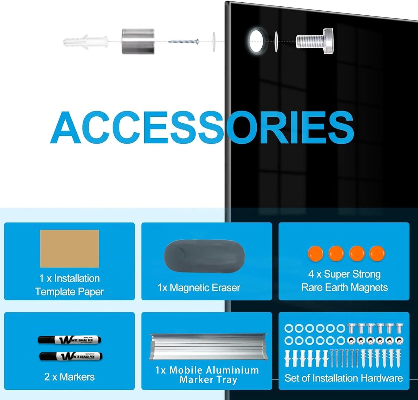 KIZZBY Glass Dry Erase Board - Magnetic Blackboard, 60"X36" Frameless Black Board Clear Glass Boards with Super Strong Magnets, Wall Mounted for Office, Classroom and Home