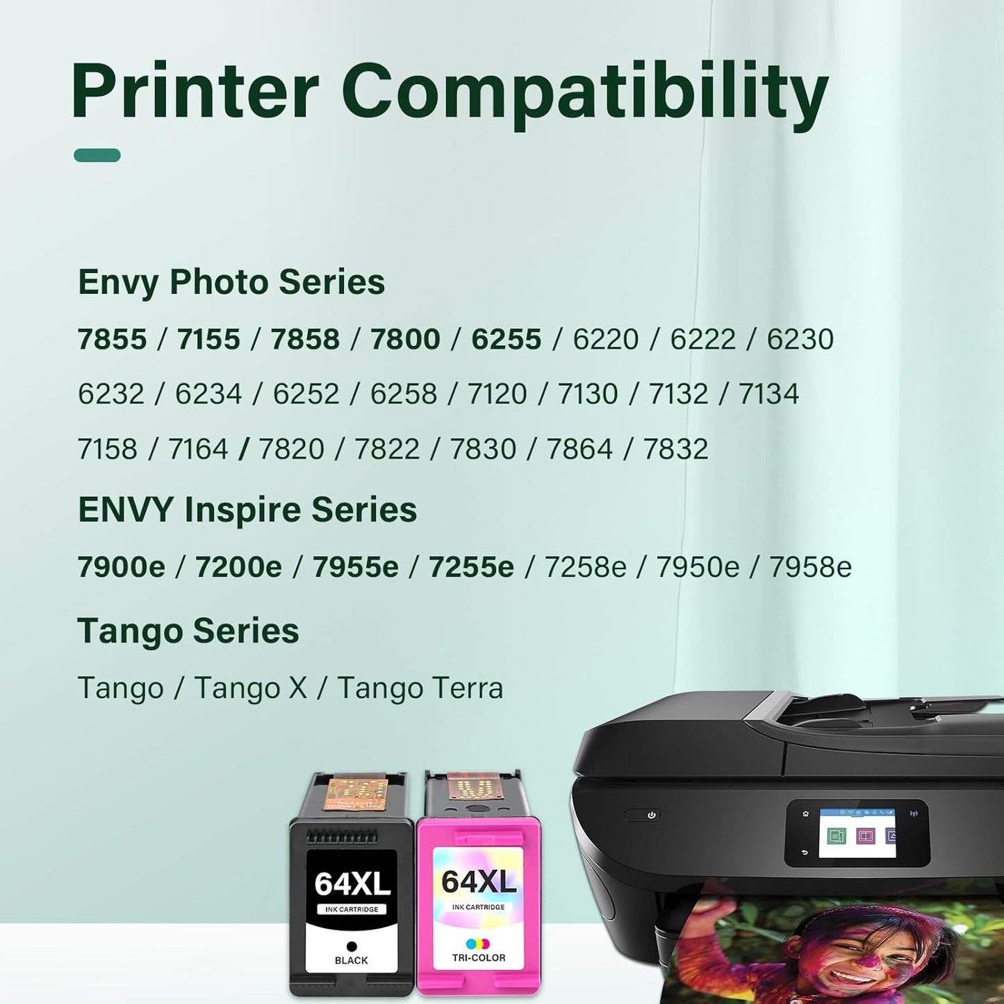 64XL 64 Black and Color Ink Cartridge Combo Pack XL Remanufactured Replacement for HP Printers Envy Photo 7855 7155 Inspire 7900e Series 7255e 7200e 7955e 7858 7800 6255 Tango Ink Cartridges (2 Pack)
