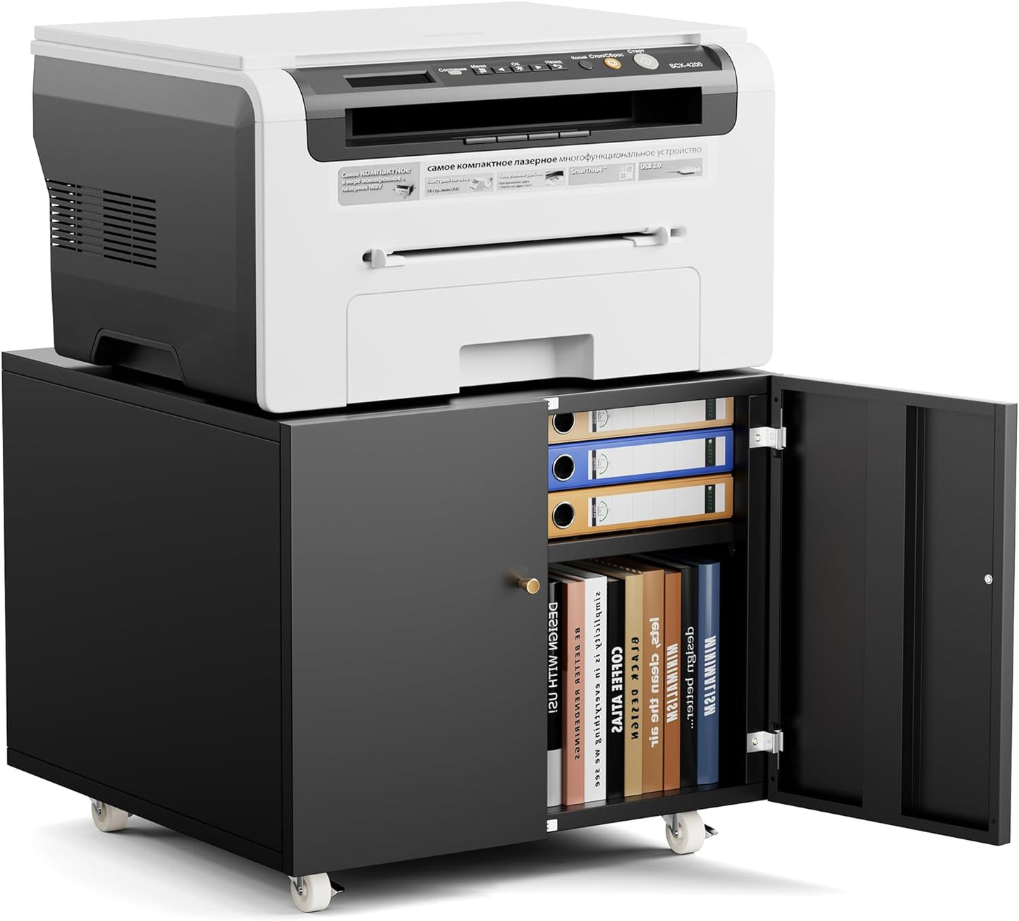 Warmiehomy Metal Printer Stand with Storage Mobile Printer Tables for Small Spaces with Door Adjustable Shelf Black File Cabinet on Wheels for Home Office