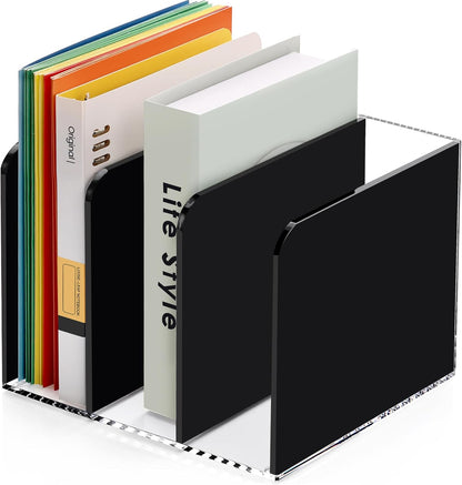 Acrylic Magazine File Holder Desktap Organizer Folder Rack Workspace Sorters, Bookend File Sorter Holder Office Accessories Organization Storage 3 Vertical Compartments, Black