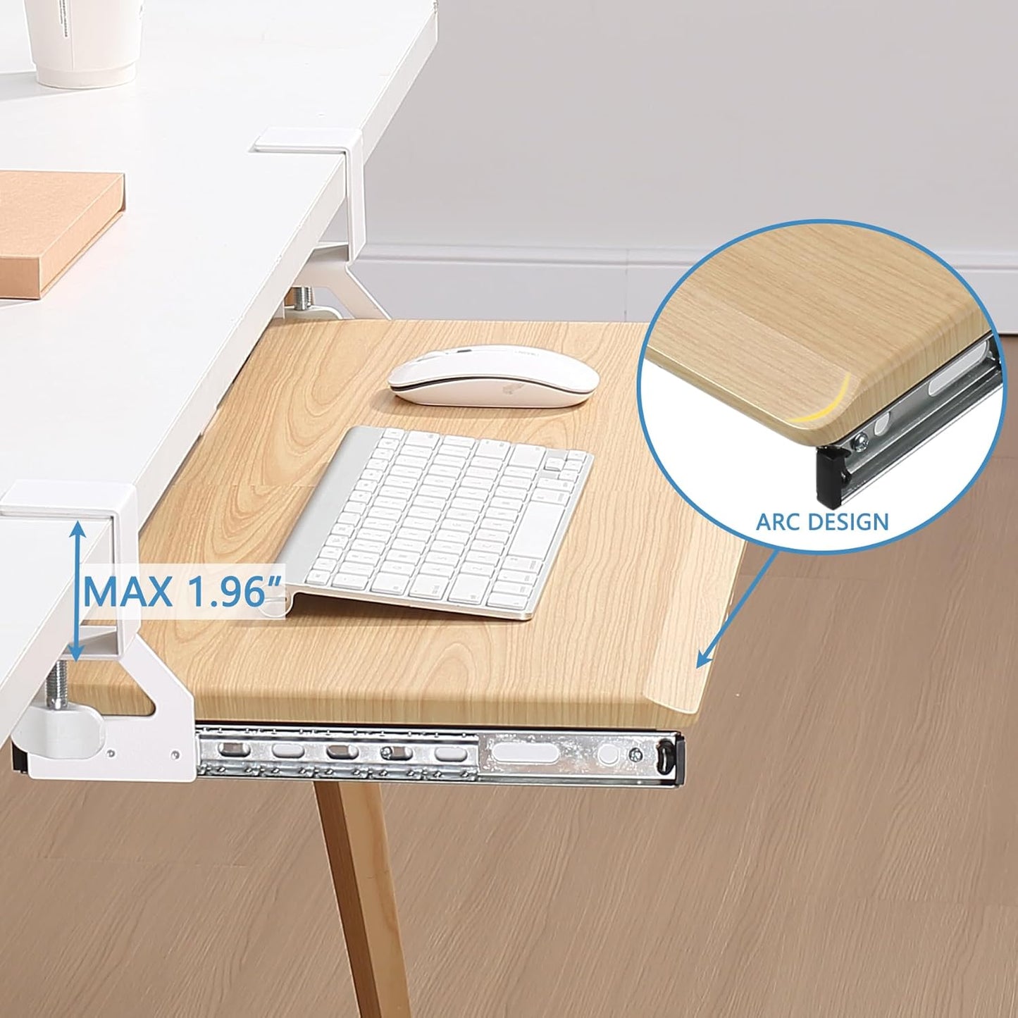 ETHU Keyboard Tray Under Desk, Pull Out Keyboard & Mouse Tray with C-clamp, Ergonomic Desk Keyboard Tray Slide Out, Pull Out Platform Drawer for Home and Office（Oak）
