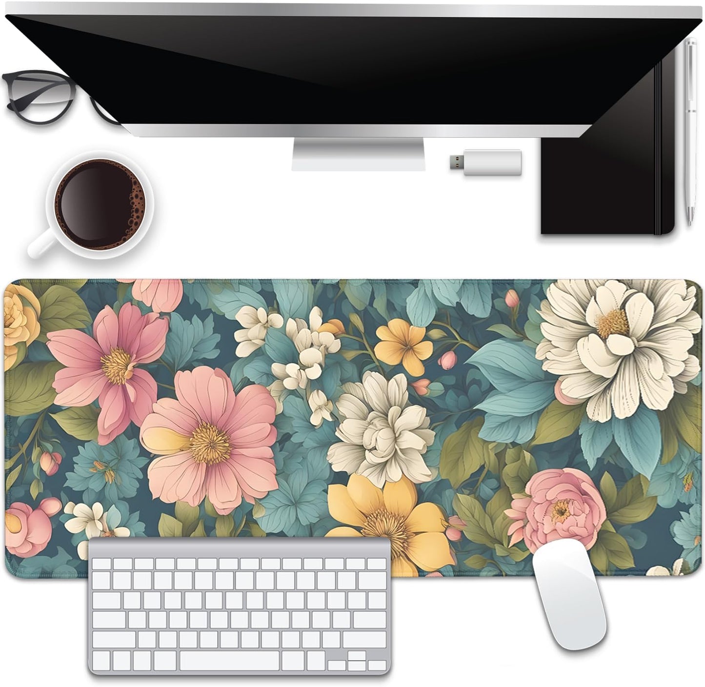 Colorful Flowers Desk Pad Mouse Pad,Large Floral Mouse Mat with Stitched Edges,Non-Slip Rubber Base Mousepad for Office PC Keyboard Laptop and Home Work Desk Mat(27.5X11.8 in)