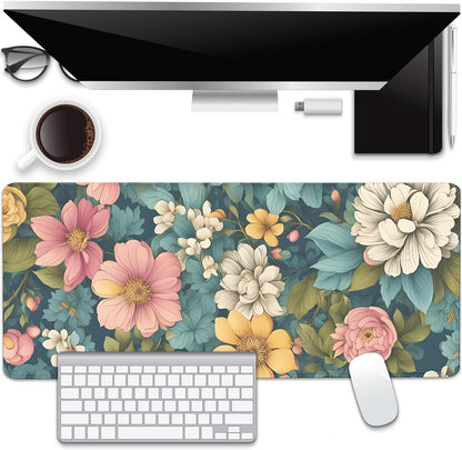 Colorful Flowers Desk Pad Mouse Pad,Large Floral Mouse Mat with Stitched Edges,Non-Slip Rubber Base Mousepad for Office PC Keyboard Laptop and Home Work Desk Mat(27.5X11.8 in)