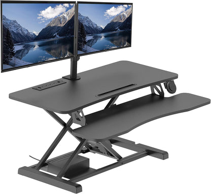Rocelco 37.4" Electric Standing Desk Converter with Anti-Fatigue Floor Mat - AC USB Charger - Motorized Adjustable Sit Stand Up Computer Workstation Riser - Large Keyboard Tray - Black (R EDRB-MAFM)