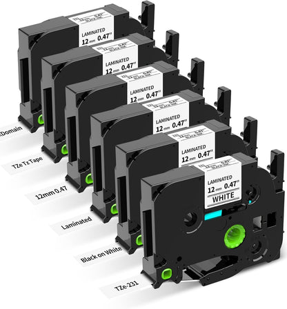 MarkDomain Label Maker Tape Refills Compatible with Brother P-Touch Label Tape 12mm 0.47 Laminated White TZe Tz TZe-231 TZ231 Ptouch PT-D210 PT-H110 PT-D220 PT-1880 1/2" Black Ink on White, 6 Pack
