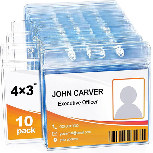 10 Pcs Clear Plastic Extra Thick Horizontal Card Holders, 4x3 Inch Sealable Waterproof Name Badge Bank ID Card Protector