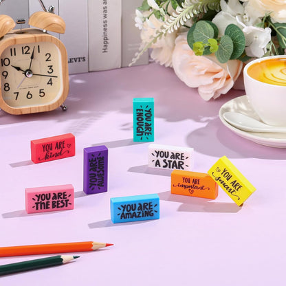 PerKoop 50 Pcs Inspirational Erasers Bulk Back to School Gifts Colorful Motivational Pencil Erasers for Kids First Day of School Favors for Students Teachers Classroom Office Supplies