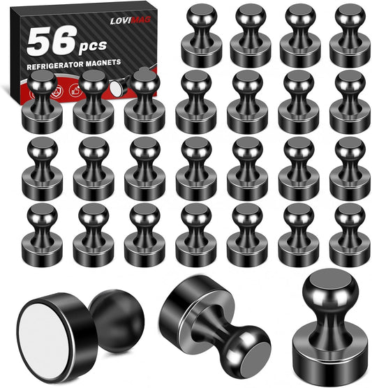 LOVIMAG Refrigerator Magnets, 56 Pcs Fridge Magnets Black Strong Magnets for Whiteboard, Small Neodymium Magnets for Fridge, Push Pins Magnets Ideal for Kitchen Magnets, Office Magnets, Map Decorative