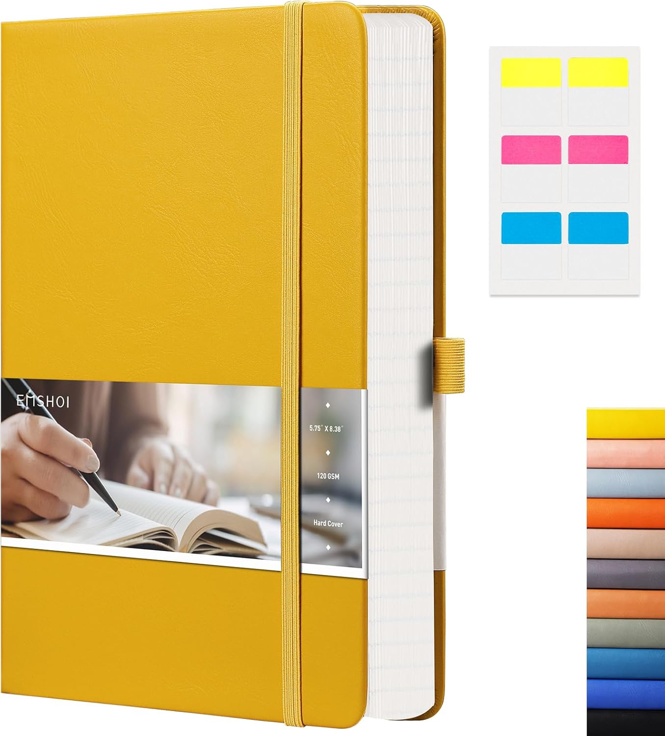 EMSHOI Graph Paper Notebook - 256 Pages A5 Graph Notebook/Journal, Square Grid Notebooks for Work, 120gsm Thick Paper, Executive Hardcover Leather, Inner Pocket, Pen Loop 5.75'' × 8.38''-Yellow