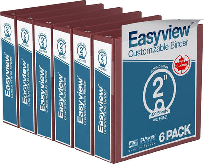 Easyview Premium 3-Ring Binders with Clear-View Covers and Round Rings, Binders for School or Office, 2 Inch, Pack of 6, Burgundy