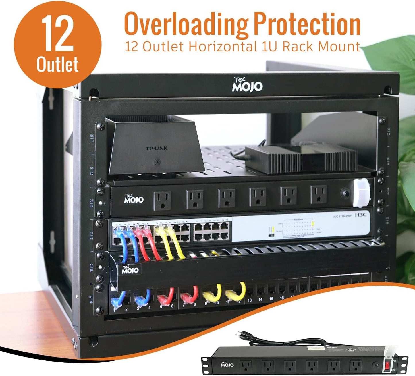 Tecmojo 1U Rackmount Network-Grade PDU Power Strip, 12 Wide-Spaced Right Angle Outlets, Circuit Breaker 12A (UL Certified 12A) 6ft Cord w/ 5-15P Plug, Black