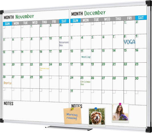 XBoard Magnetic Calendar Whiteboard 48" x 36" - 2 Month Dry Erase Board, White Board + Colorful Calendar Board, Silver Aluminium Framed Monthly Planning Board