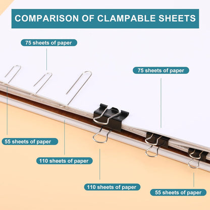 360 Pcs Binders & Paperclips Assorted Sizes with Container, Silver Paper Clips & Black Binder Clips Office Supplies, Paper Clamps for Office, Home, School